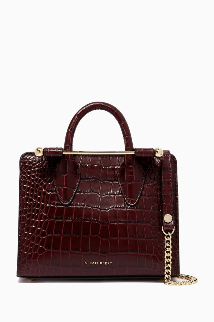 

Nano Tote Bag in Croco Embossed Leather, Burgundy
