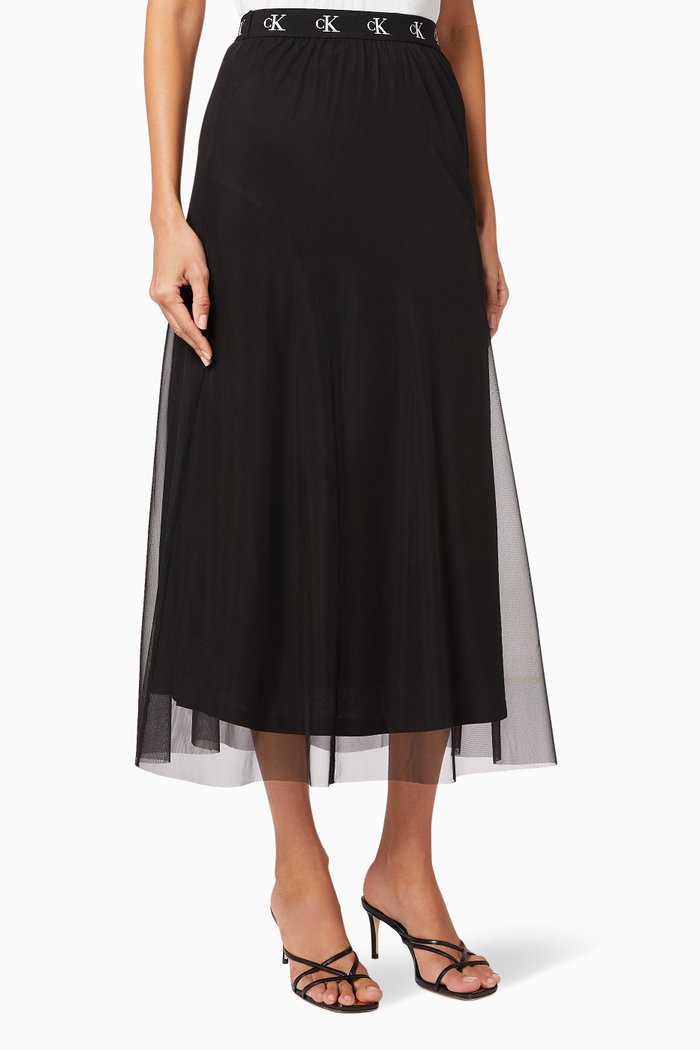 Logo Waistband Midi Skirt, Black