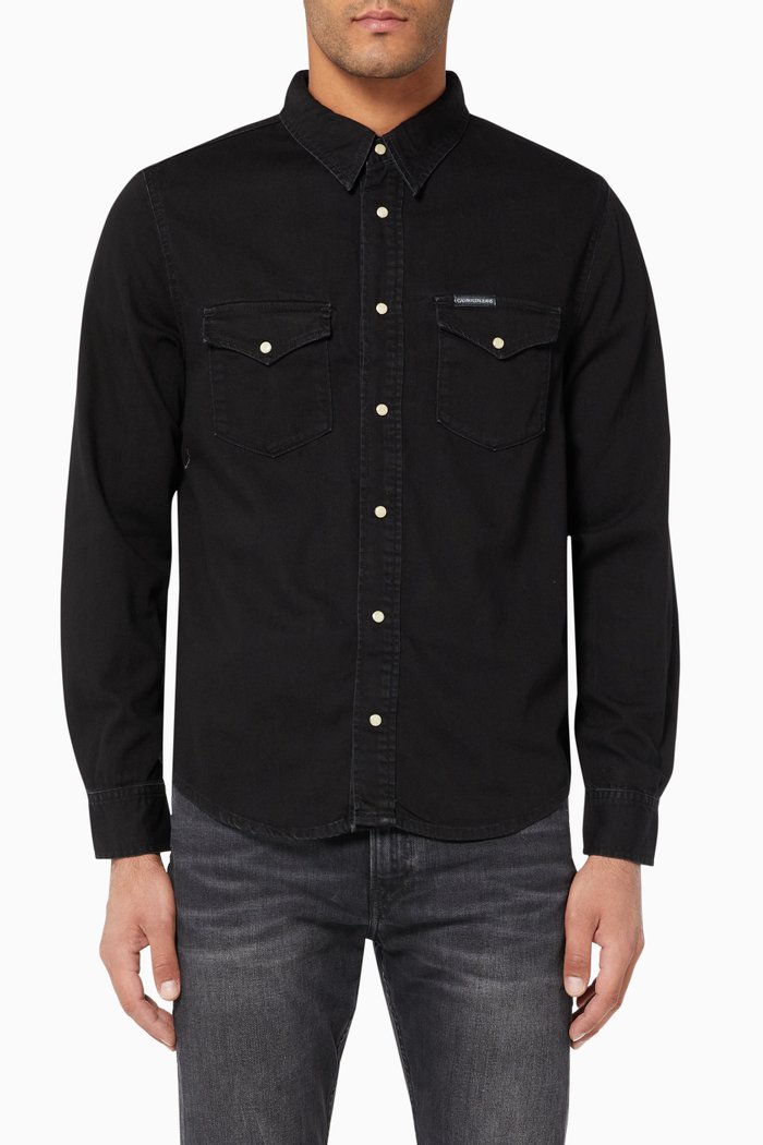 Modern Western Cotton Denim Shirt, Black