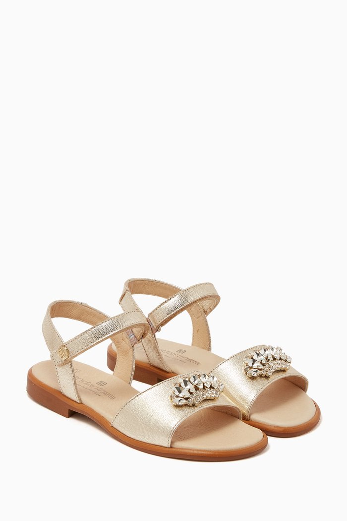 

Elegant Embellished Sandals in Metallic Leather, Gold