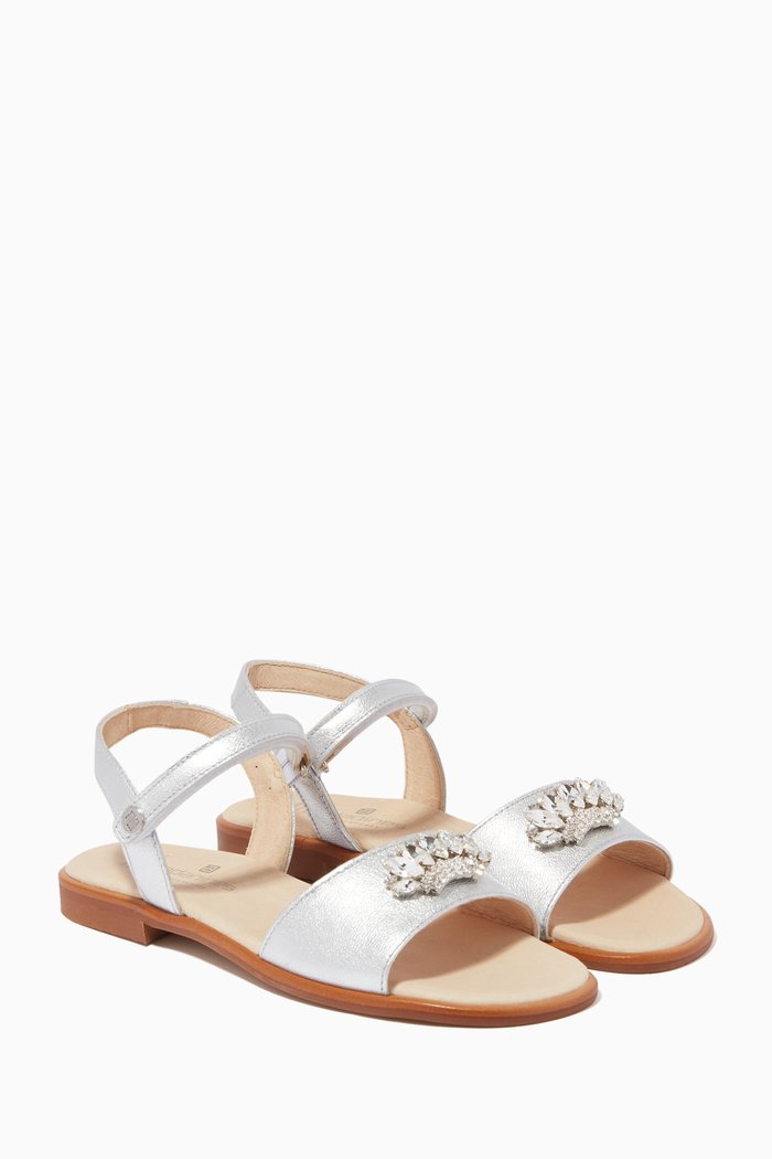 

Elegant Embellished Sandals in Metallic Leather, Silver