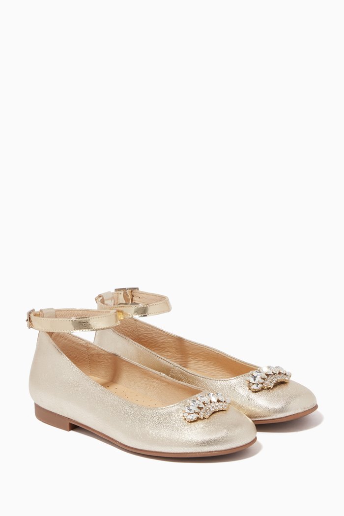 

Embellished Ballerina Pumps in Metallic Leather, Gold