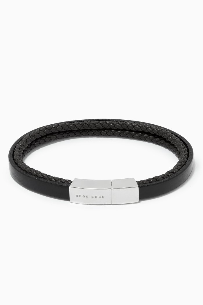 Brodey Cuff Bracelet in Leather & Stainless Steel, Black