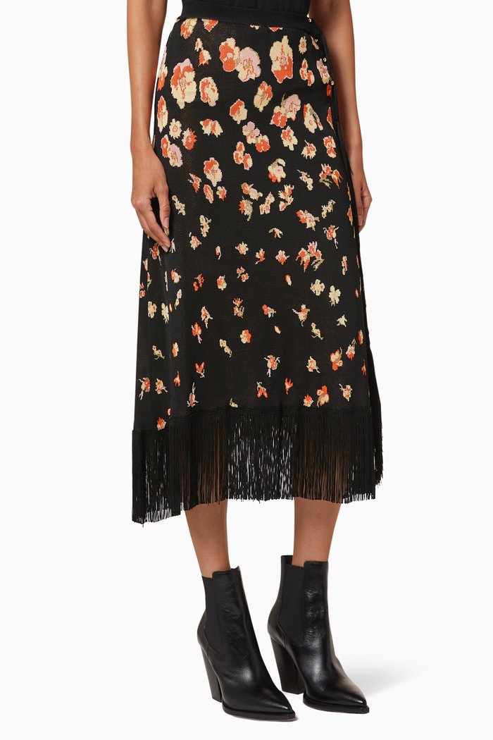 

Floral Fringe Skirt, Black