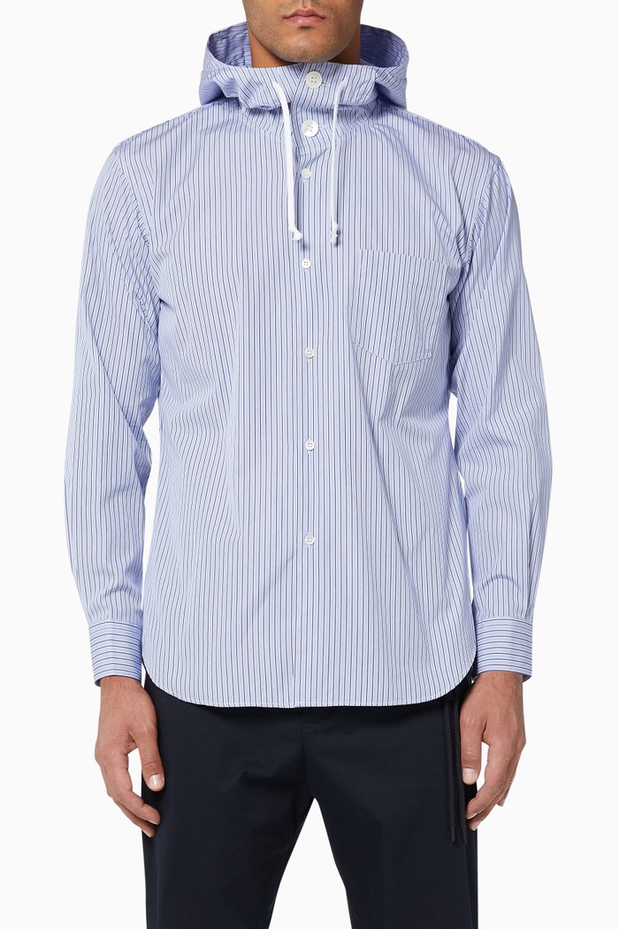 

Striped Cotton Poplin Hooded Shirt, Blue