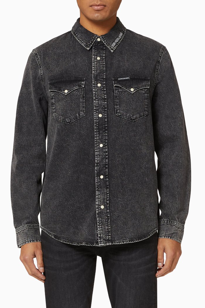 

CK Embroidered Collar Denim Shirt, Grey