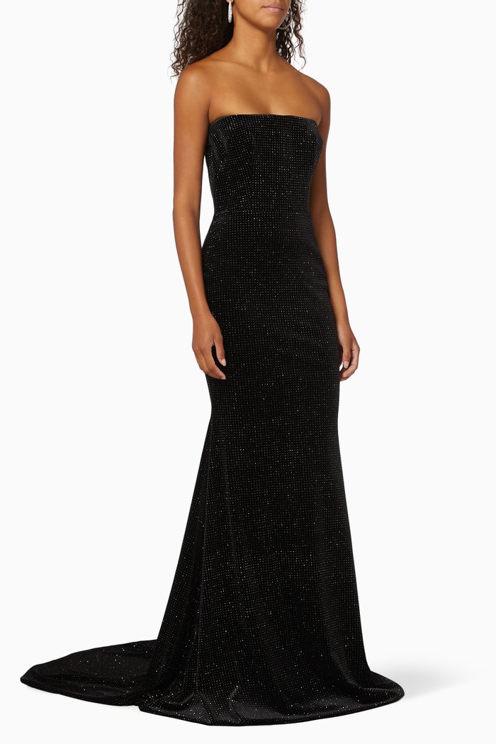 

Ashley Glitter Velvet Strapless Gown, Black