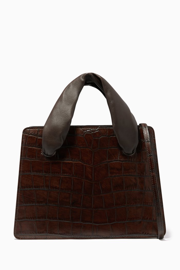 Small Soft Handle Everyday Bag in Croc-Embossed Leather, Brown