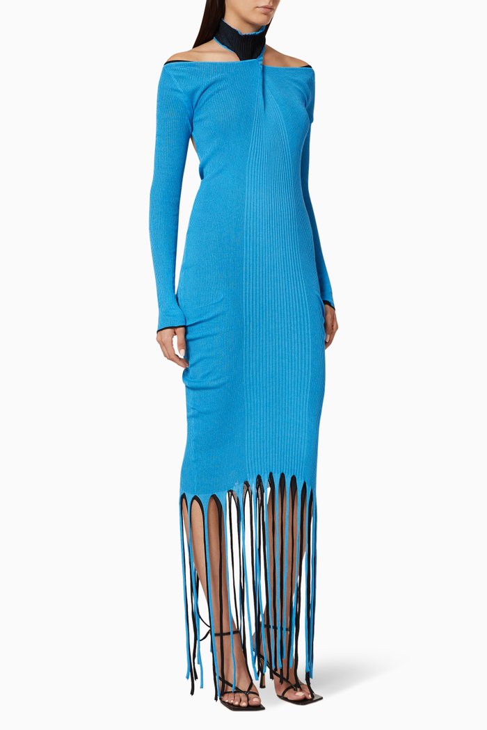 

Fringed Cotton Silk Knit Dress, Blue
