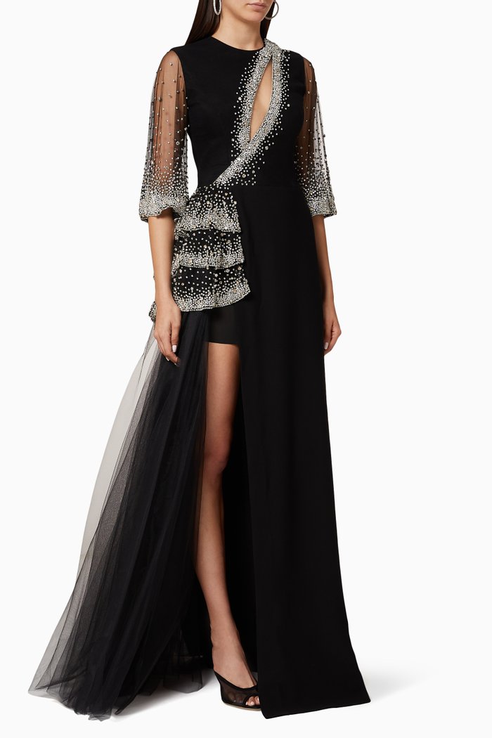 

Crystal Beaded Crepe Gown, Black