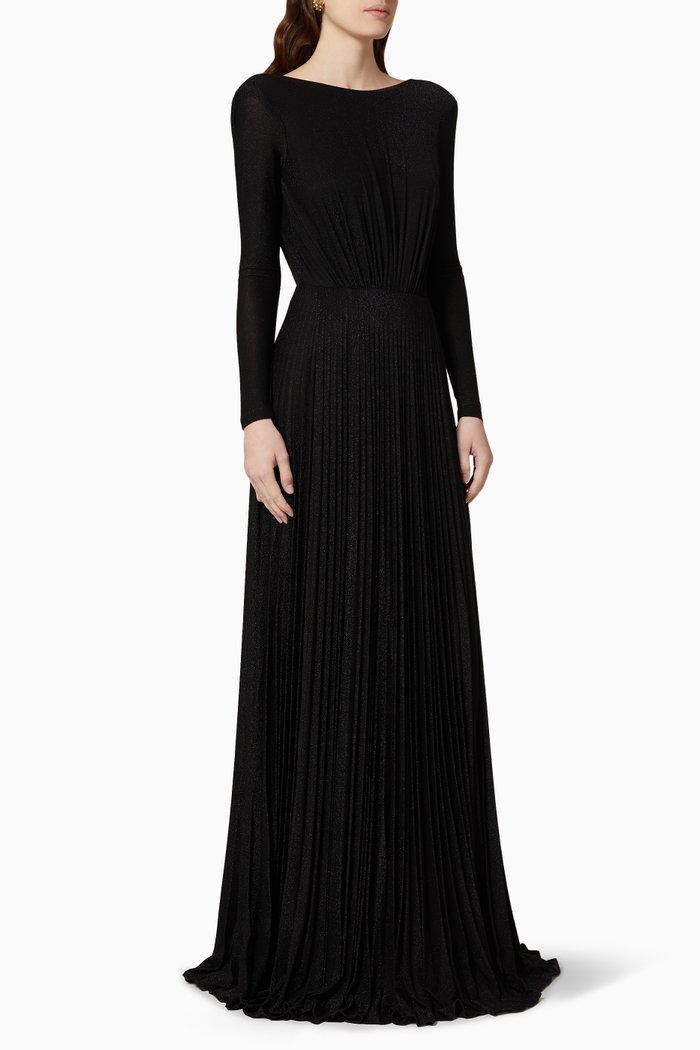 

Pleated Lamé Jersey Maxi Dress, Black