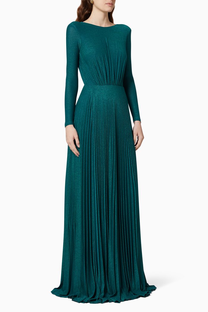 

Pleated Lamé Jersey Maxi Dress, Blue