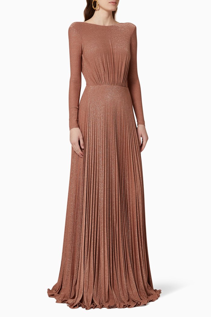 

Pleated Lamé Jersey Maxi Dress, Brown
