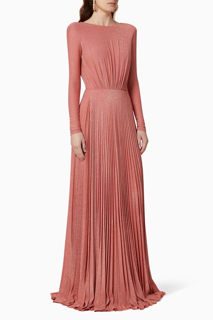 

Pleated Lamé Jersey Maxi Dress, Pink