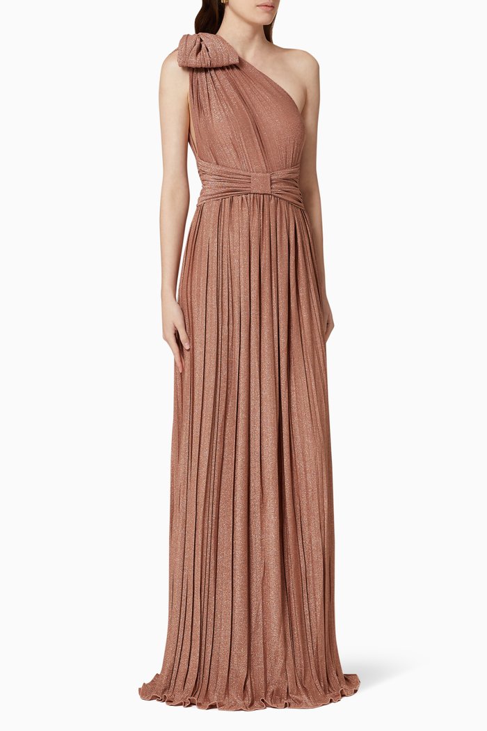 

Pleated Lamé Jersey Maxi Dress, Brown