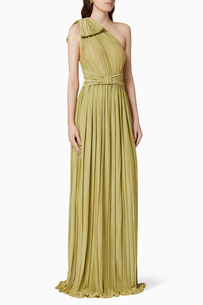 

Pleated Lamé Jersey Maxi Dress, Green