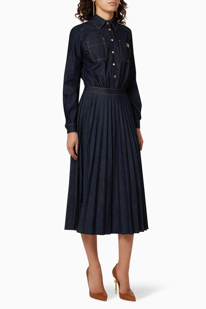 

Pleated Denim Midi Dress, Blue