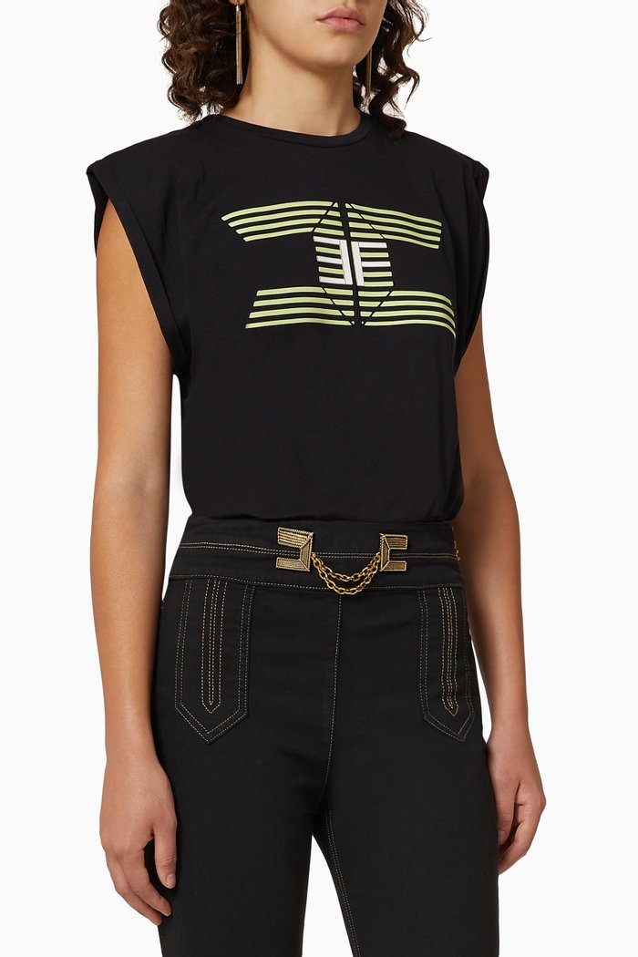 Logo Cotton Bodysuit Top, Black