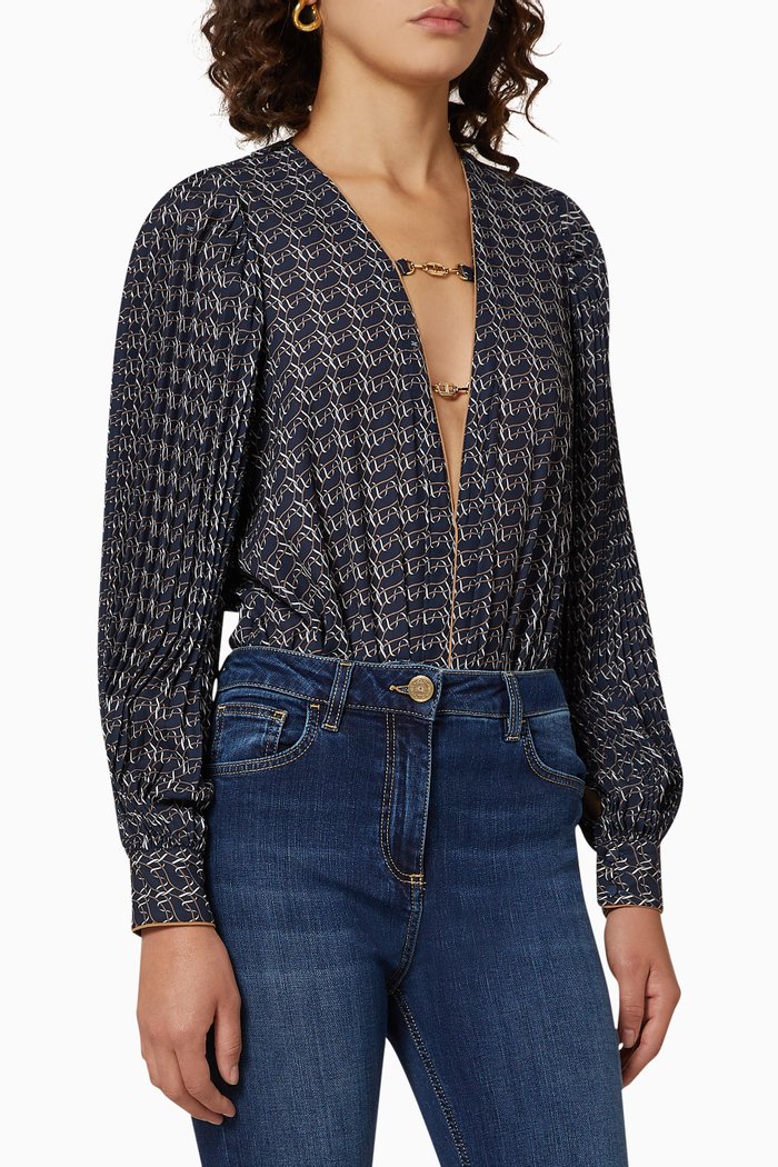 Pleated Sleeves Crêpe Bodysuit, Blue