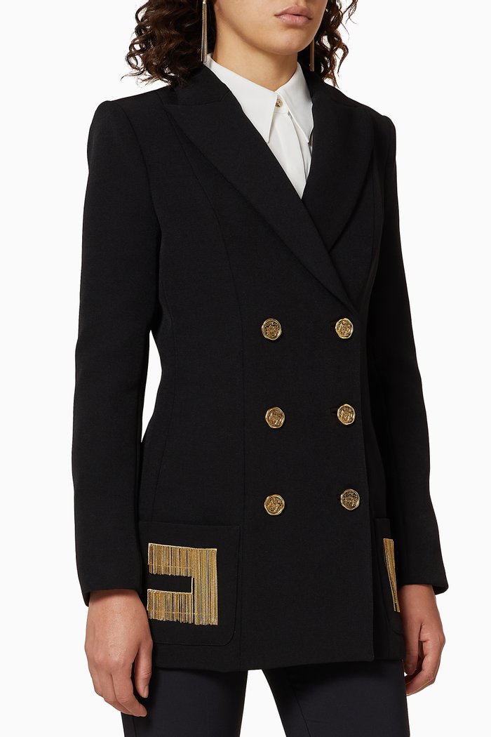 

Embroidered Logo Crêpe Double-Breasted Jacket, Black