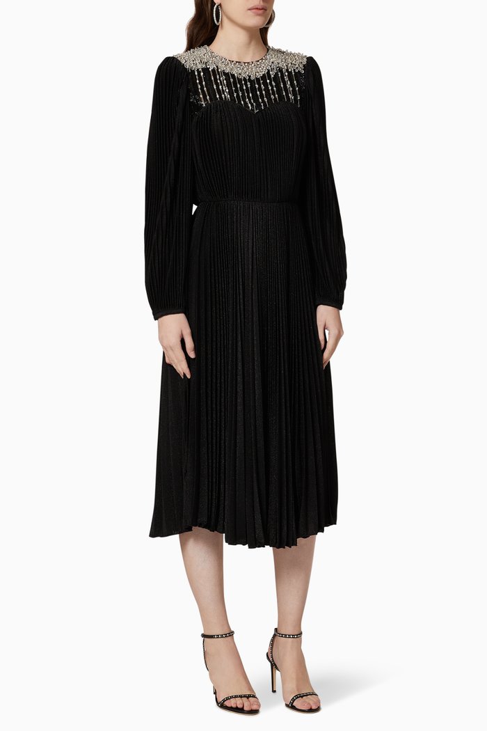 

Pleated Lamé Jersey Midi Dress, Black
