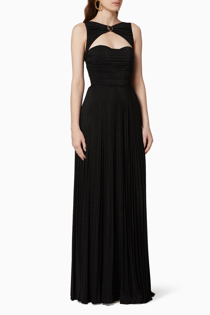 

Pleated Lamé Jersey Maxi Dress, Black