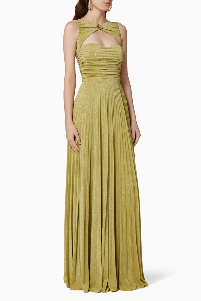 

Pleated Lamé Jersey Maxi Dress, Green