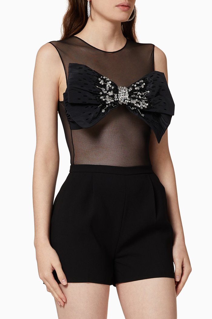 

Sequin Maxi Bow Mesh Bodysuit, Black