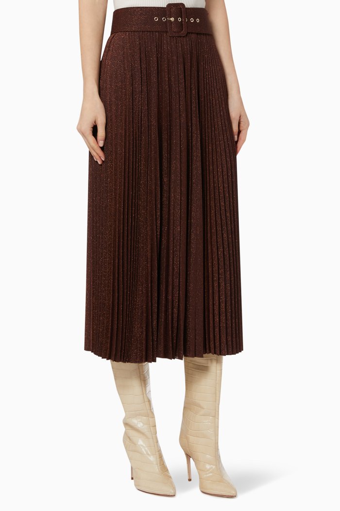 Madras Lurex Pleated Skirt, Brown