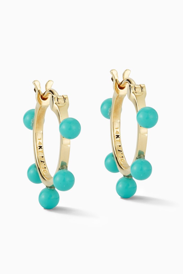 

Small Turquoise Dot Hoops in 14kt Yellow Gold, Blue