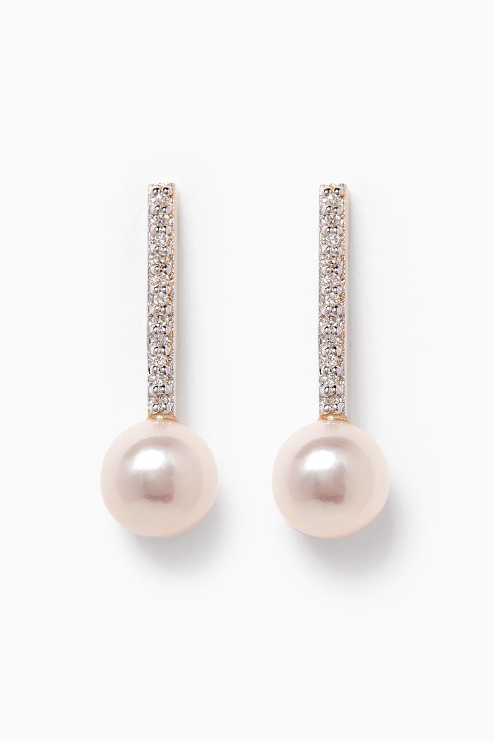 

Small Diamond Bar Single Pearl Earrings in 14kt Yellow Gold