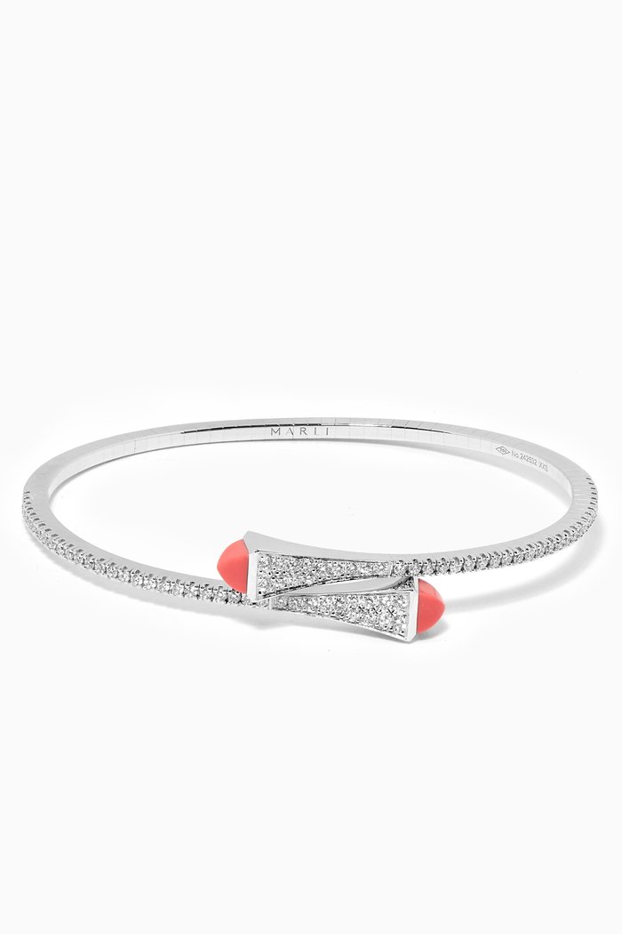 

Cleo Diamond & Pink Coral Slim Slip-on Bracelet in 18kt White Gold, Silver