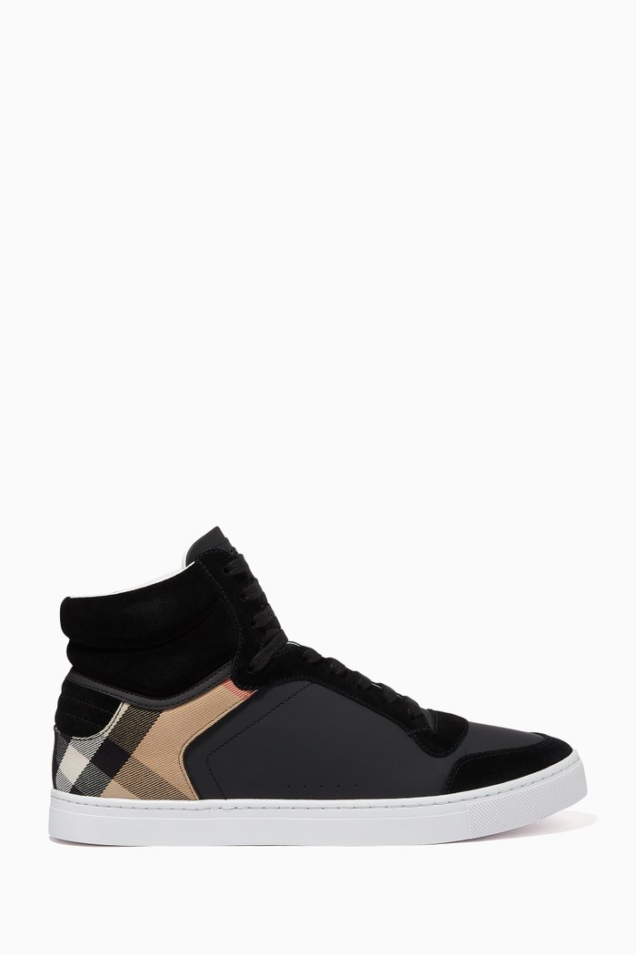 

High-Top Sneakers in Leather, Suede & House Check Cotton, Black