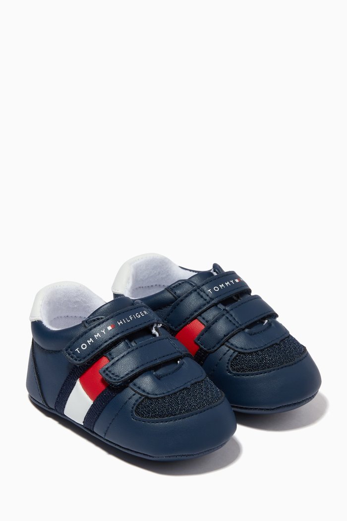 

Flag Detail Velcro Sneakers in Faux Leather, Blue