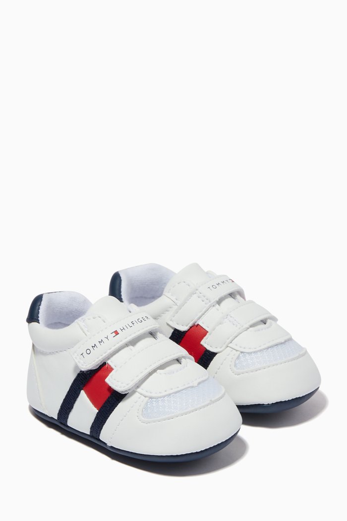 Flag Detail Velcro Sneakers in Faux Leather, White