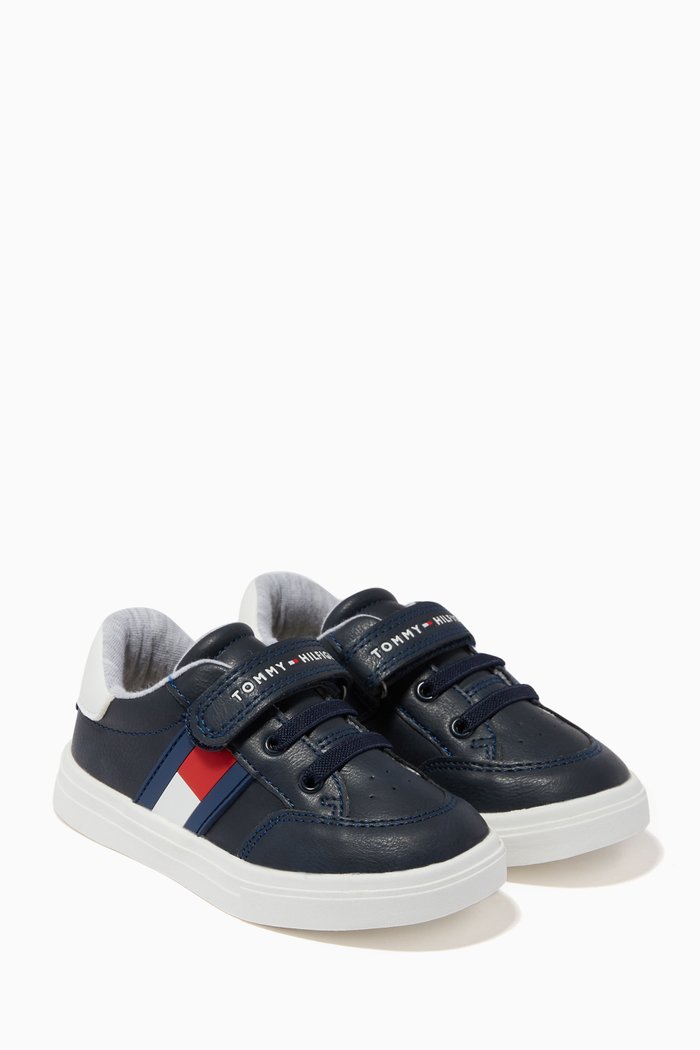 Flag Low Top Velcro Sneakers in Faux Leather, Blue