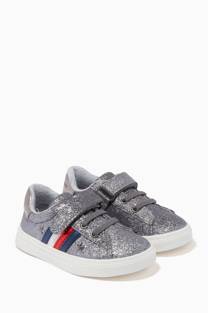 

Star Low Top Velcro Sneakers in Faux Glitter Leather, Silver