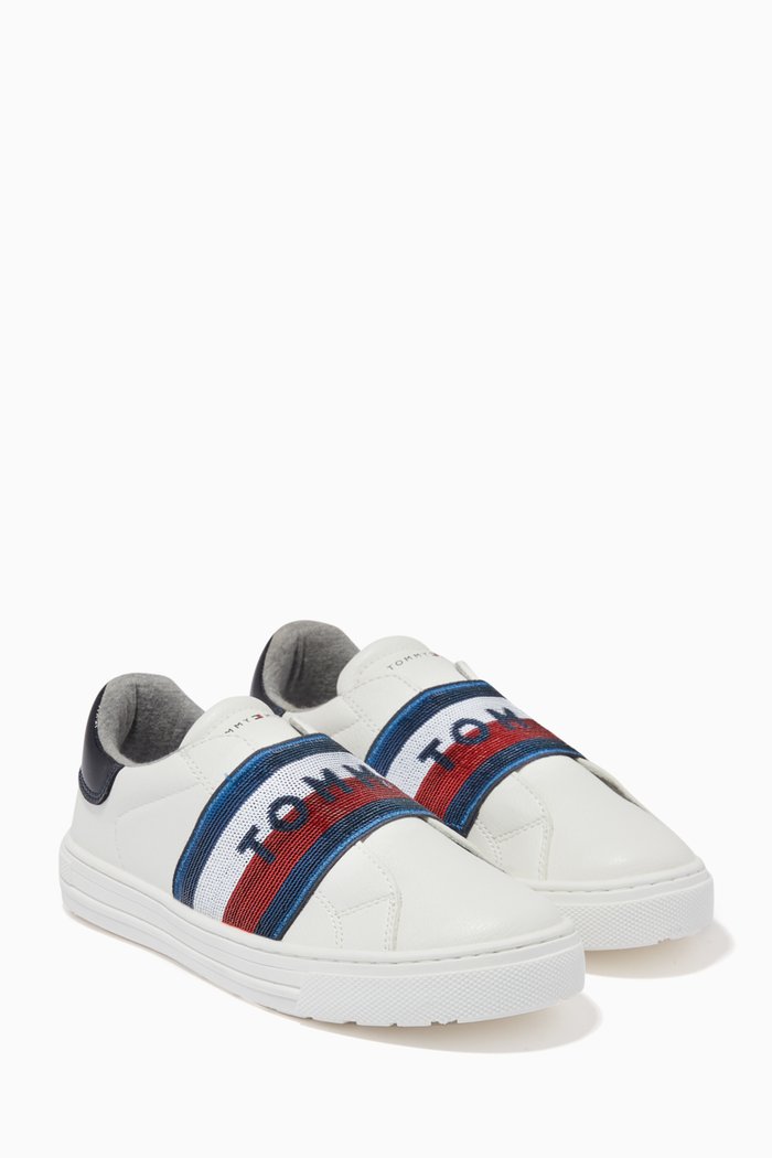

Sequin Logo Slip On Sneakers in Faux Leather, White