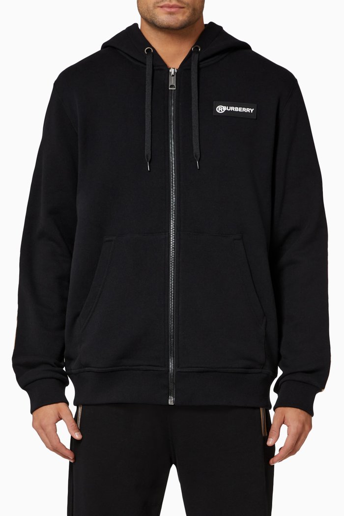 

Logo & Vintage Check Panel Cotton Hooded Top, Black