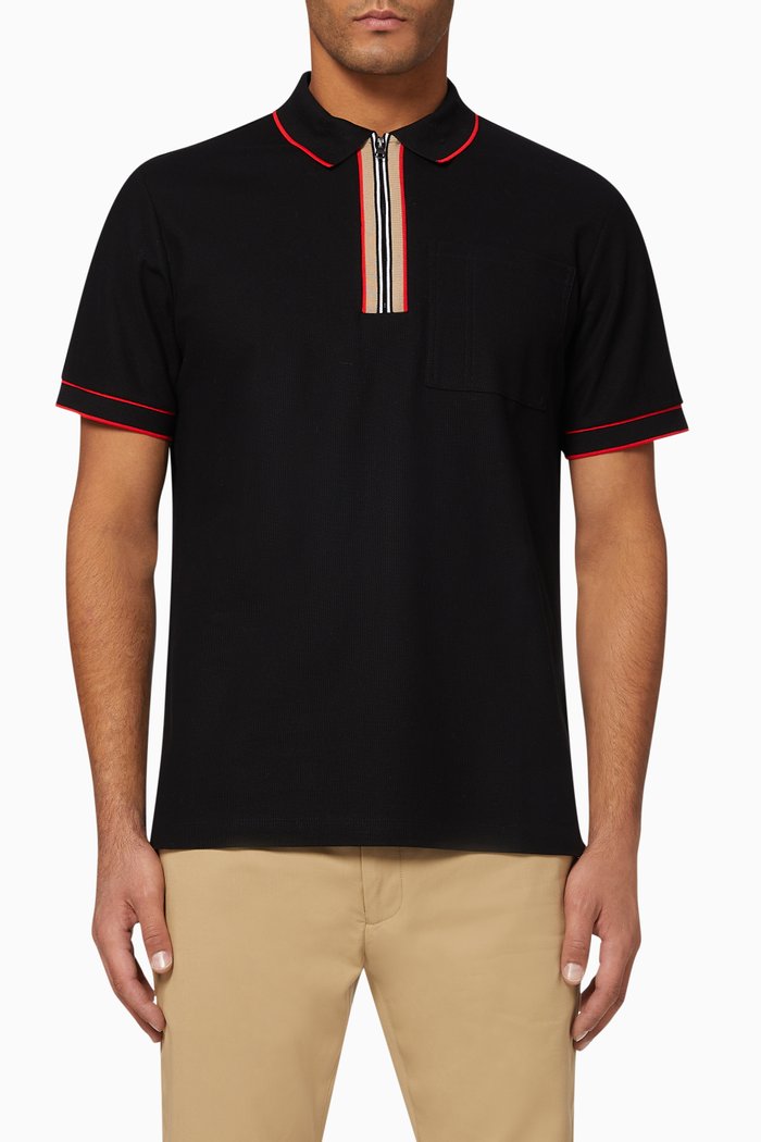 

Icon Stripe Cotton Zip Polo Shirt, Black