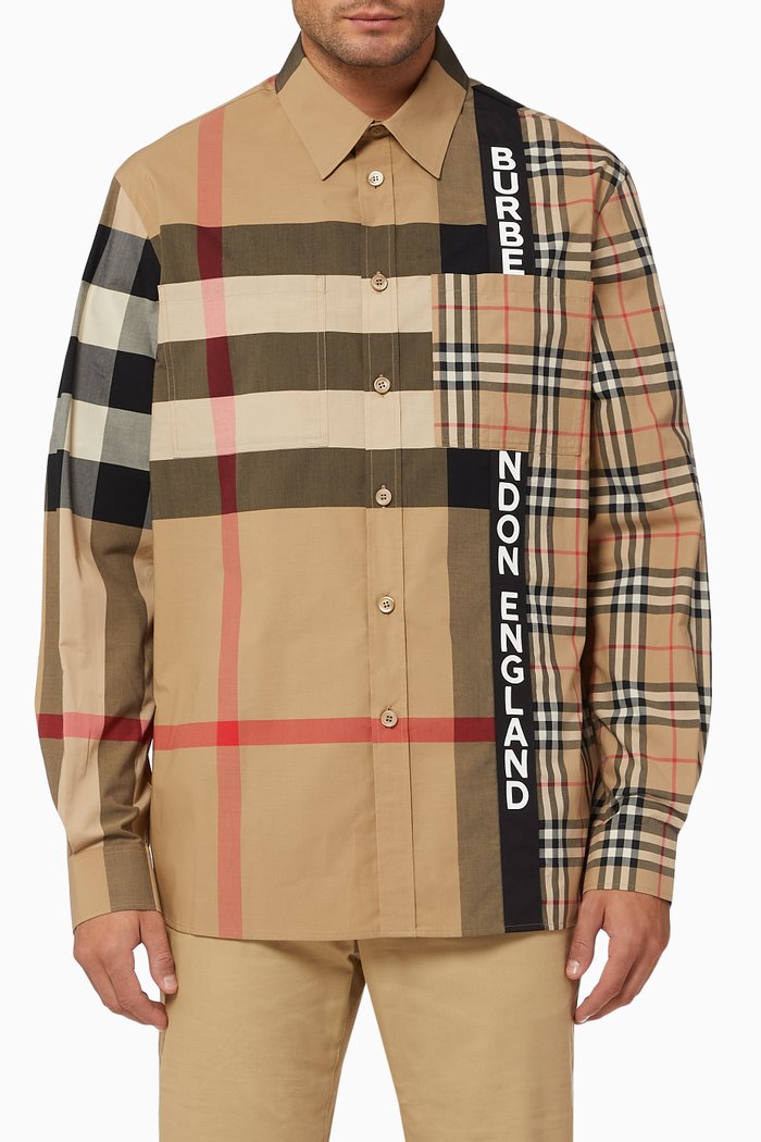 

Logo Patchwork Check Cotton Oversized Shirt, Neutral