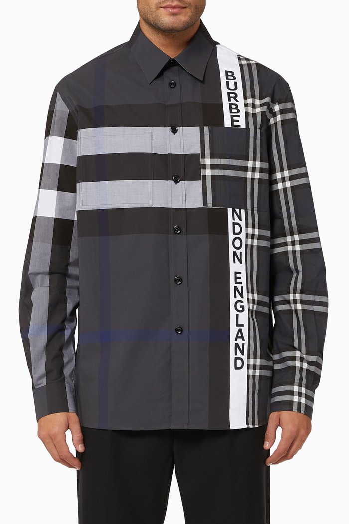 

Logo Patchwork Check Cotton Oversized Shirt, Grey