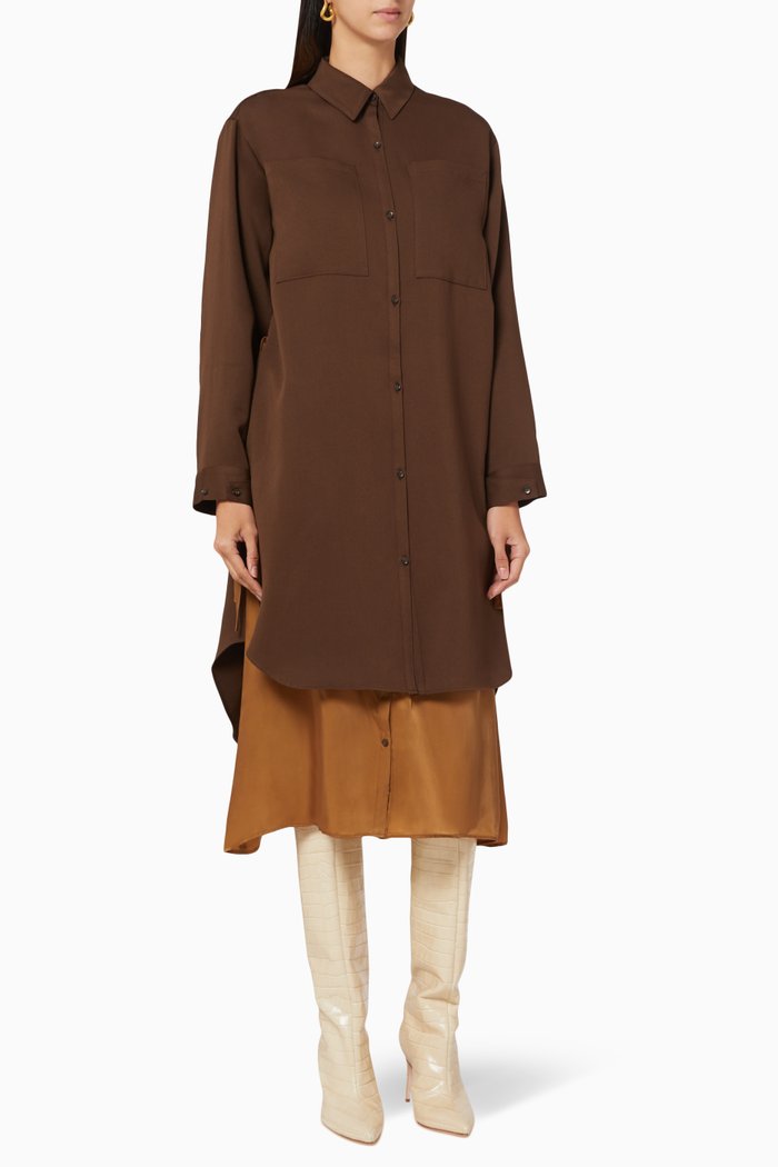 

Matte Satin Layered Long Shirt, Brown
