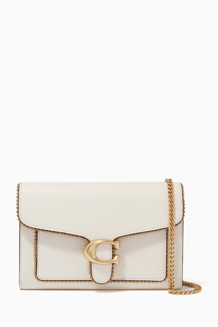 

Tabby Chain Clutch with Beadchain in Pebble Leather, White