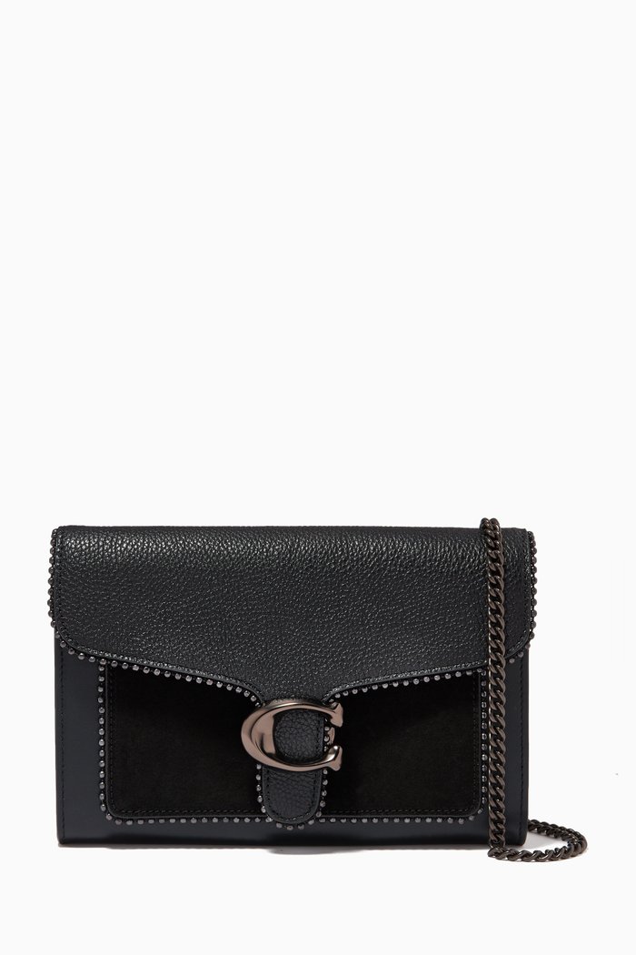 

Tabby Chain Clutch with Beadchain in Mixed Leather, Black