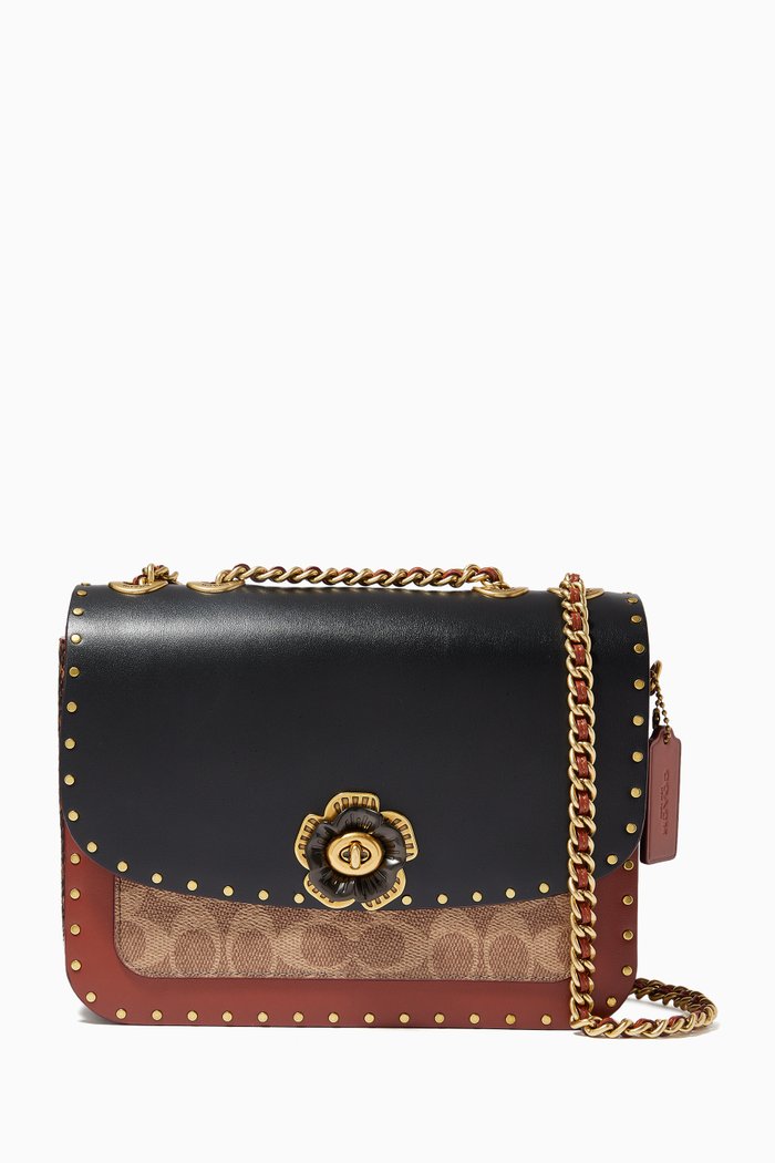 

Madison Shoulder Bag in Signature Canvas with Rivets & Snakeskin Trims, Brown