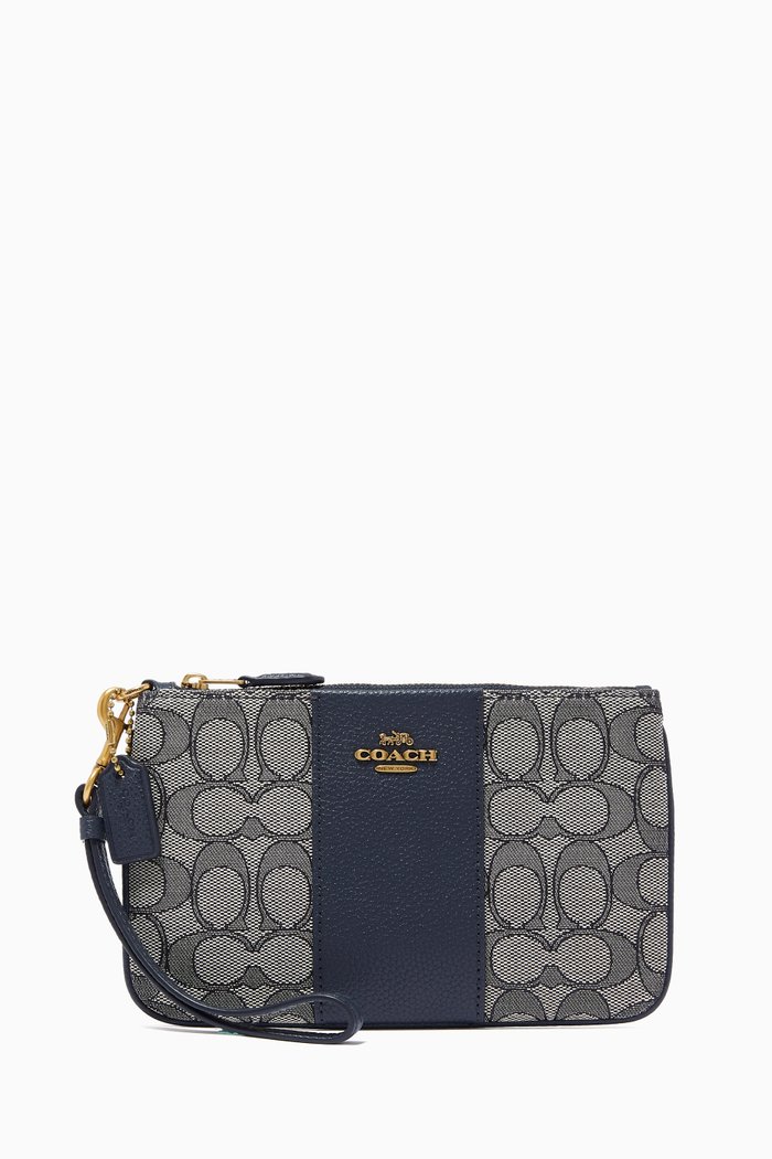 Small Wristlet In Signature Jacquard and Leather, Blue