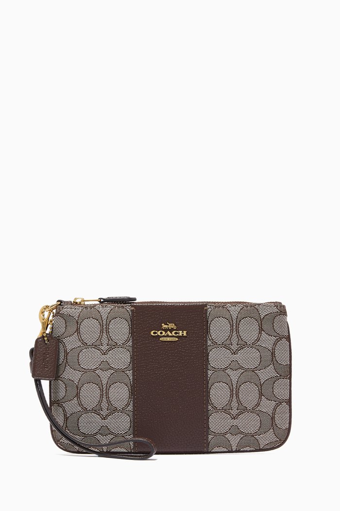 

Small Wristlet in Signature Jacquard & Leather, Brown