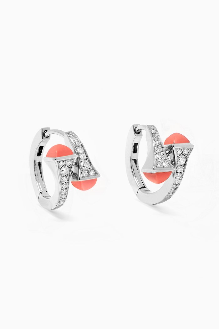 

Cleo Diamond Huggie Earrings with Pink Coral in 18kt White Gold, Silver