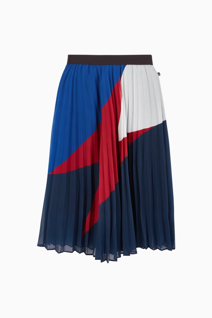 Colour Block Lightning Pleated Midi Skirt, Blue